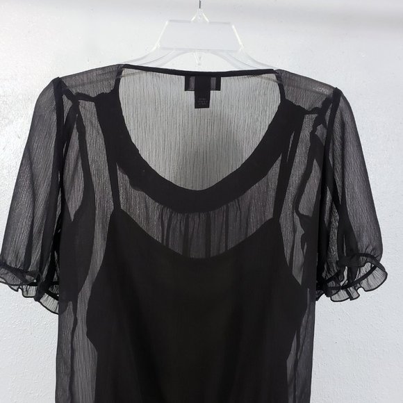 B Wear Women's Black Sheer Floral Short Sleeve Blouse Shirt Tank Top 1 Piece Set - Picture 9 of 14